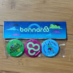 Bonnaroo Music Festival Pinback Buttons Set of 3 Sealed Pins Radiate Positivity